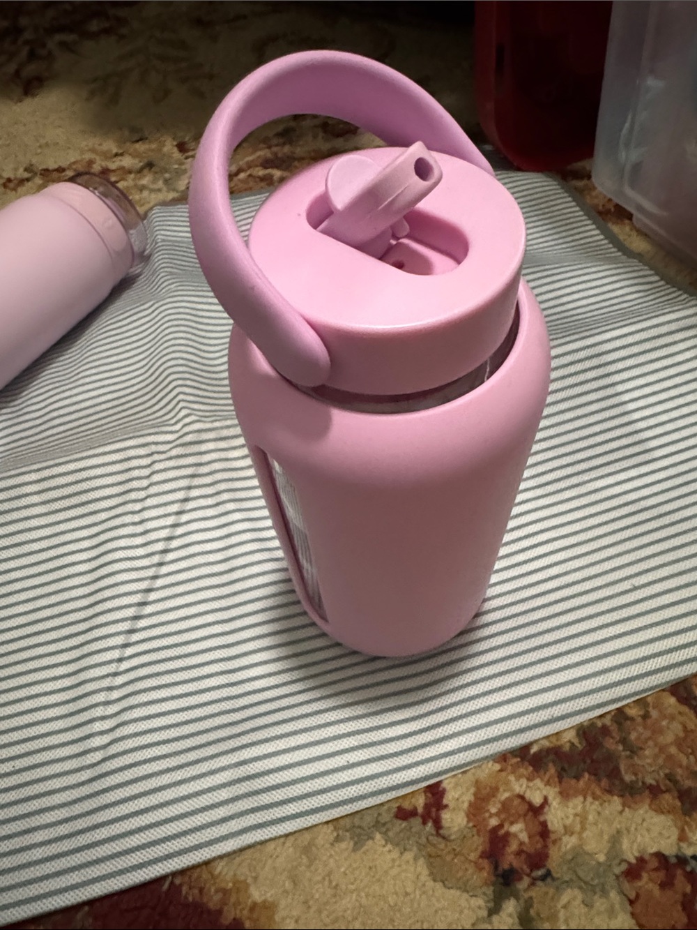 Kids Pink Straw Water Bottle with Soft Carry Handle